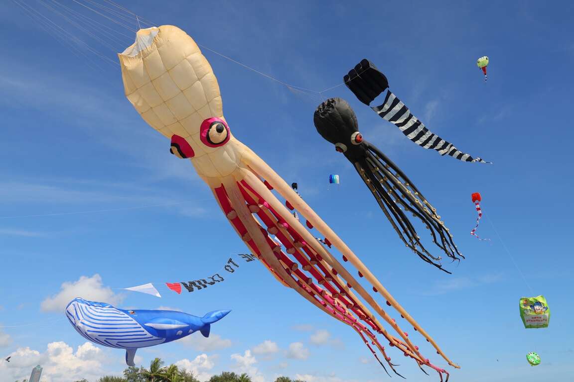 活動放飛不同造型風箏，將天空點綴得亮麗繽紛。