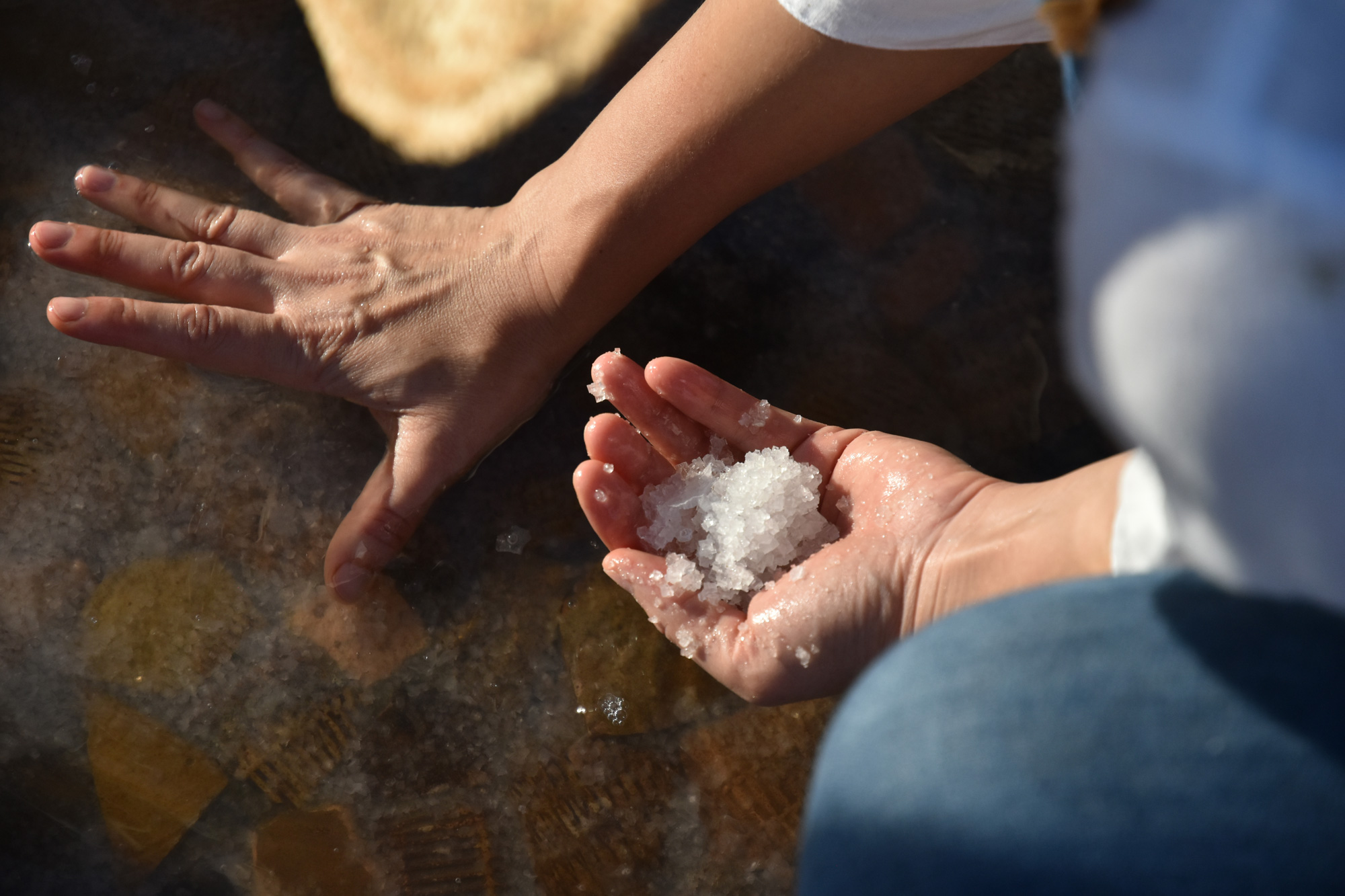 沉在鹵水池底的顆粒霜鹽，還要經風乾、粉碎、去雜質等步驟，才能成為料理調味用的霜鹽。（攝影／游惠玲）