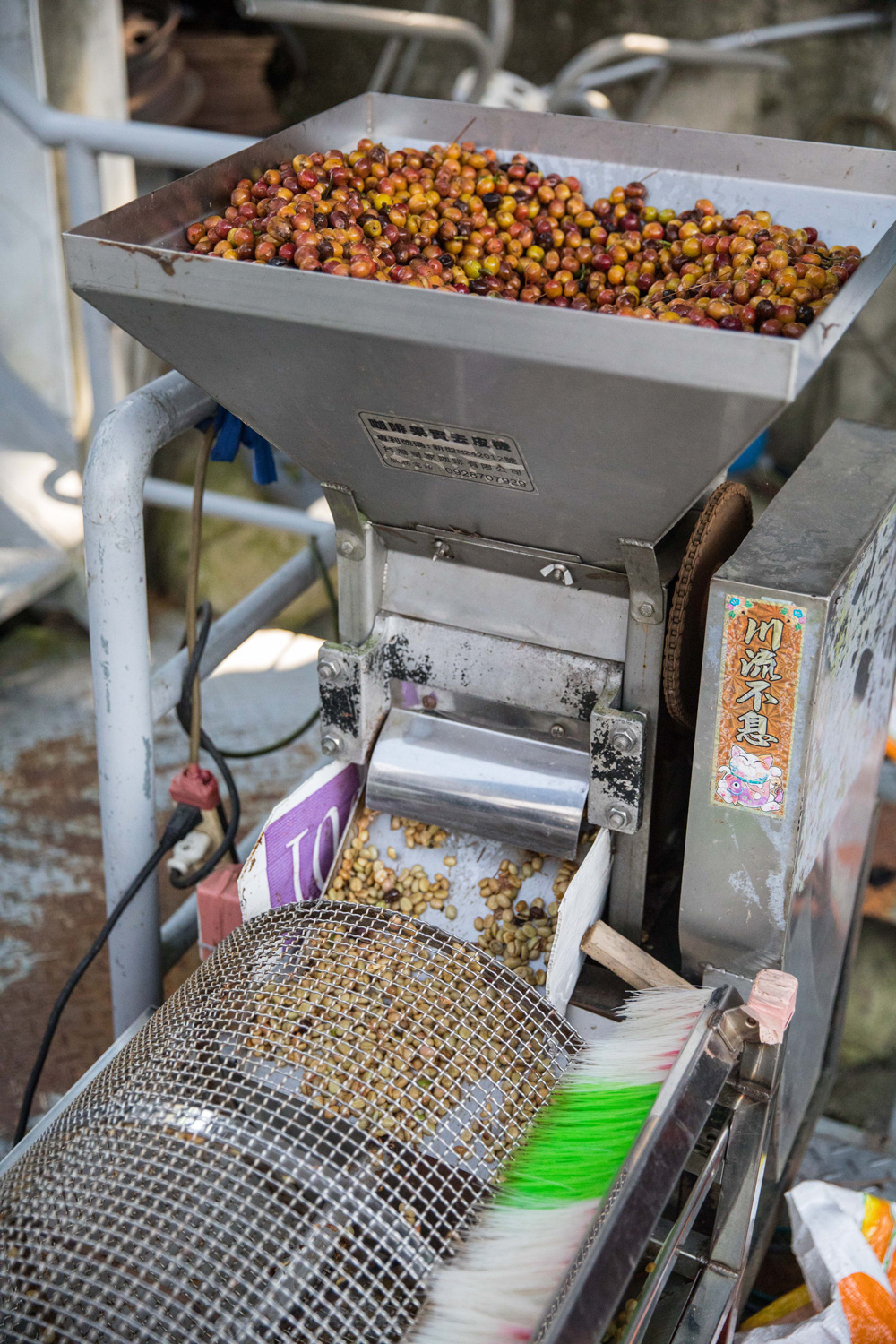百勝村咖啡莊園裡擁有齊全的大型機具，從去膜機、水洗機到脫殼機……就連咖啡烘豆機也有三台。（攝影／陳宗怡）