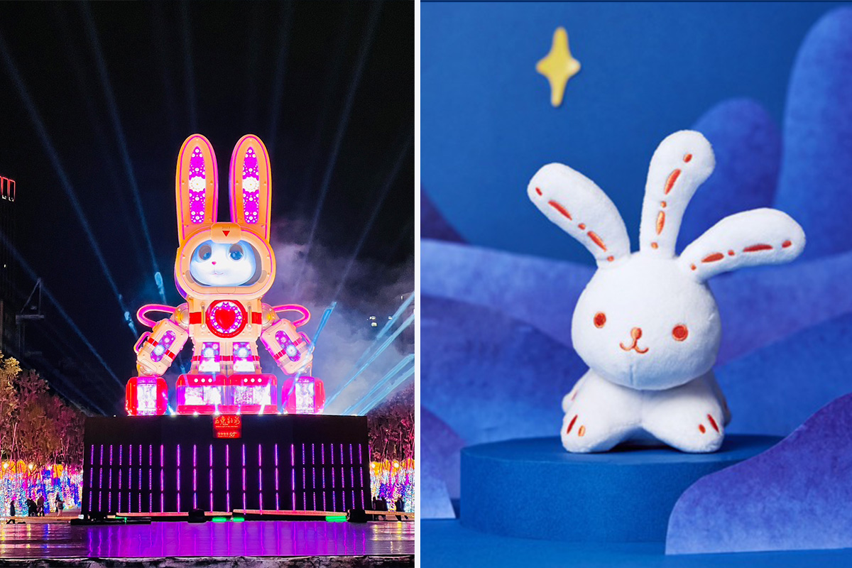 2023台灣燈會的主燈「玉兔壯彩」（左），與可愛又吸睛的「光源兔」玩偶吸鐵燈（右）。（圖片來源／交通部觀光局、pinkoi）