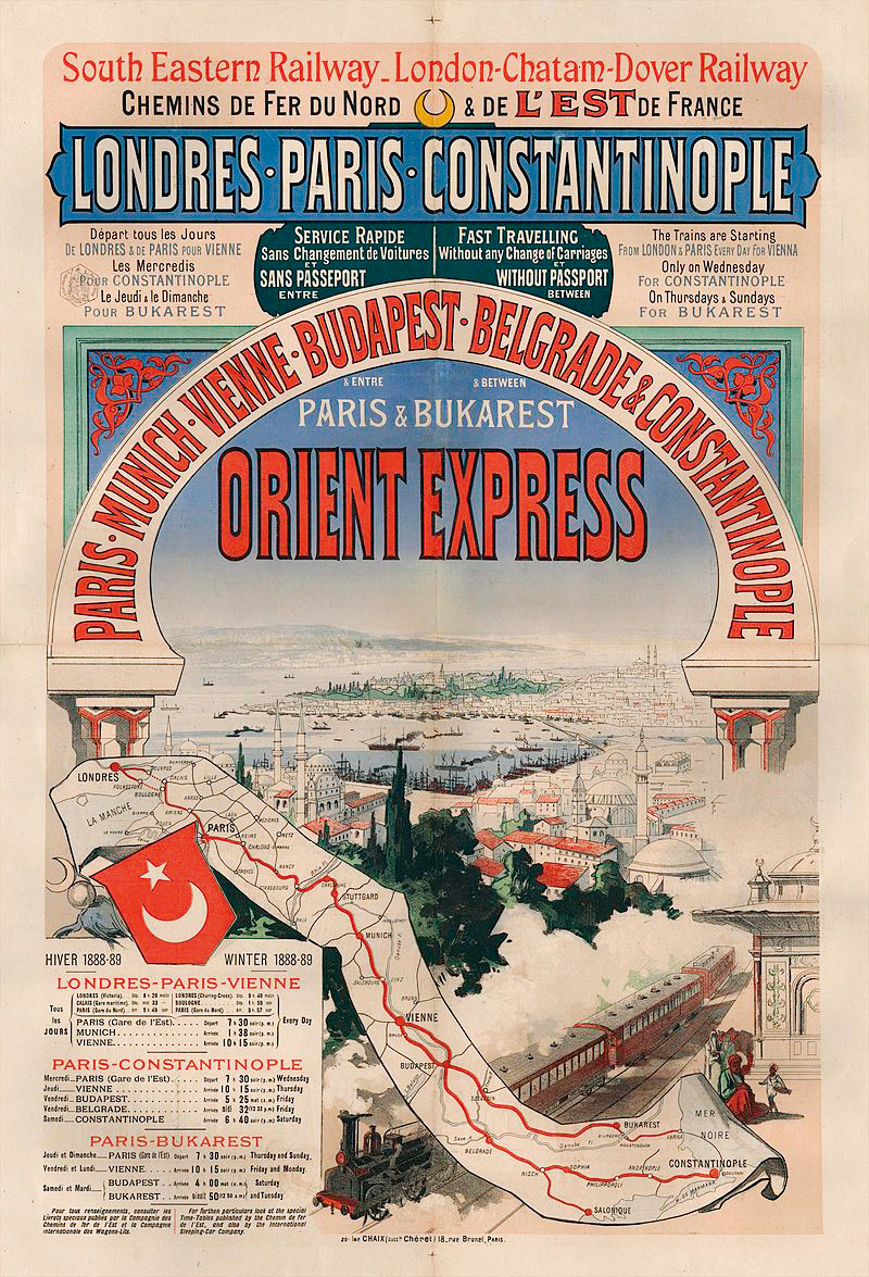 東方快車昔日宣傳廣告，之所以稱作東方快車，是指駛向東方——土耳其君士坦丁堡的長途列車，橫貫歐洲大陸。（圖片來源／達志影像）
