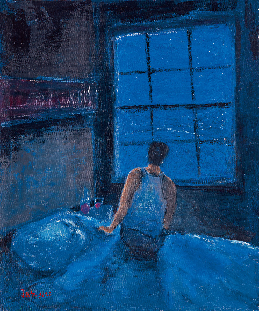林文政常將自己化為畫中角色，這幅「寂靜」，描繪自己失眠看向窗外。（圖片來源／林文政）