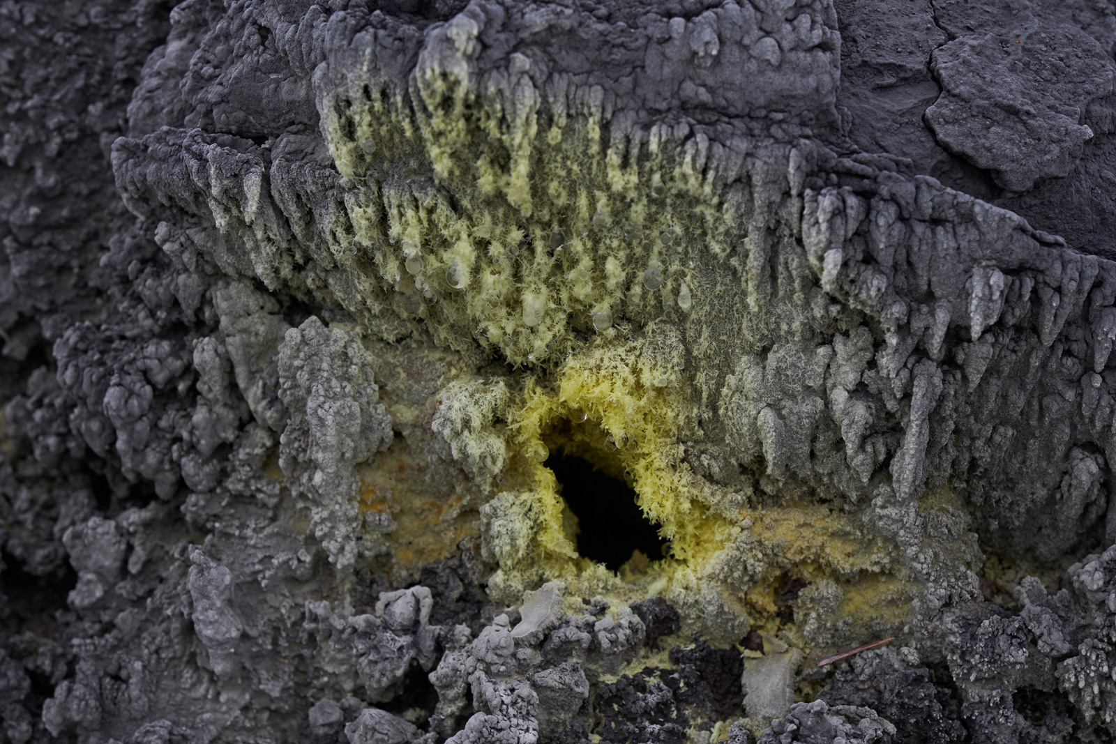 四磺坪的溫泉出口旁，硫磺結晶體呈現獨特的模樣很吸睛。（攝影／高大鈞）