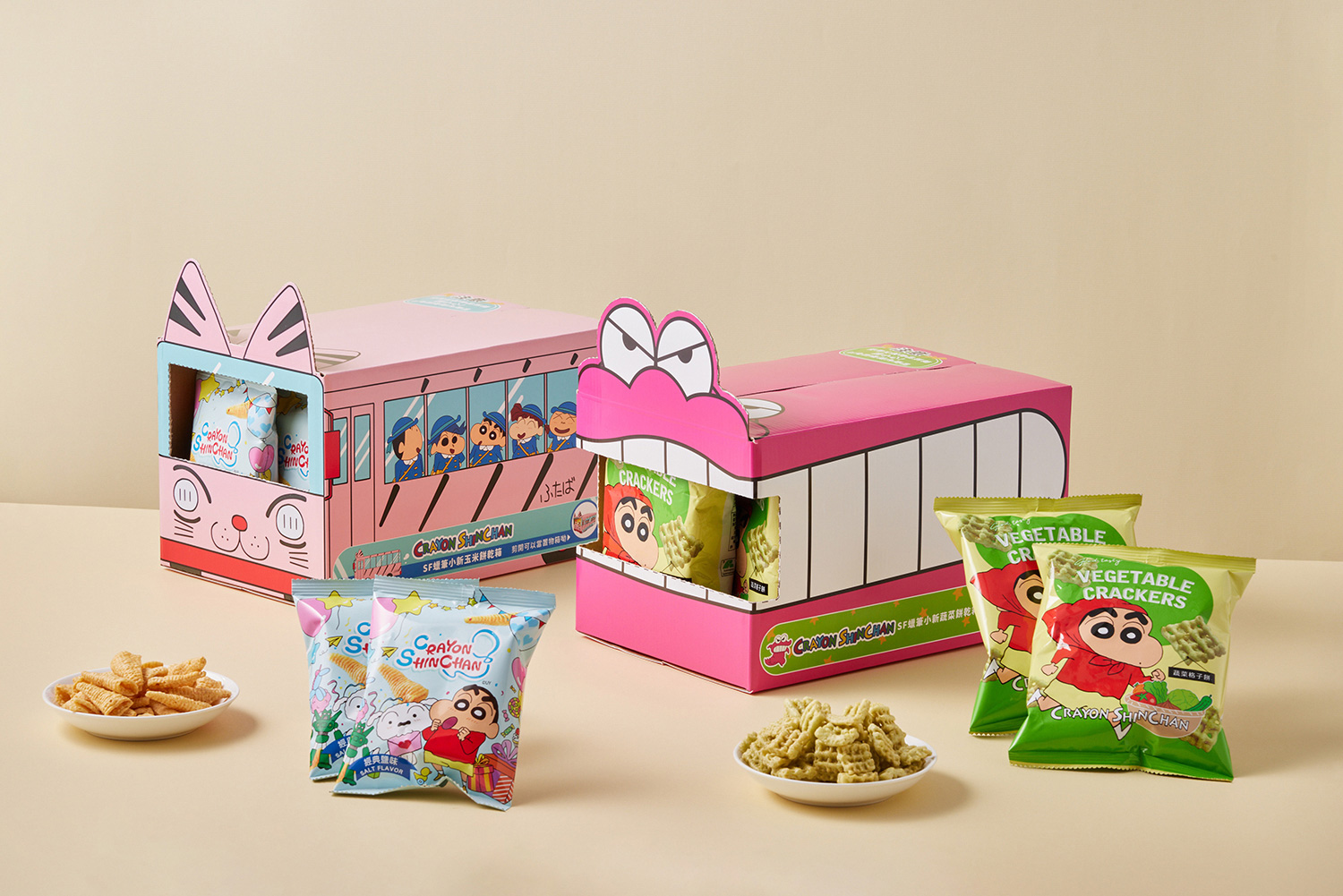 「蠟筆小新派對箱」共推出「娃娃車玉米餅派對箱」及「鱷魚山先生蔬菜格子餅派對箱」兩款。（圖片來源：SUNFRIEND MOUTH）