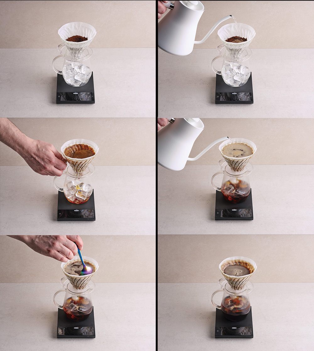 沖煮一杯好喝的冰咖啡，步驟由左至右，由上至下。（圖片來源：積木文化《世界冠軍的完美居家咖啡指南──從豆子的購買、挑選、研磨、保存到沖煮，頂尖職人運用圖表與步驟，解說在家也能做出好咖啡的關鍵技巧，建立屬於你的自家風味》／詹姆斯．霍夫曼（James Hoffmann）著）
