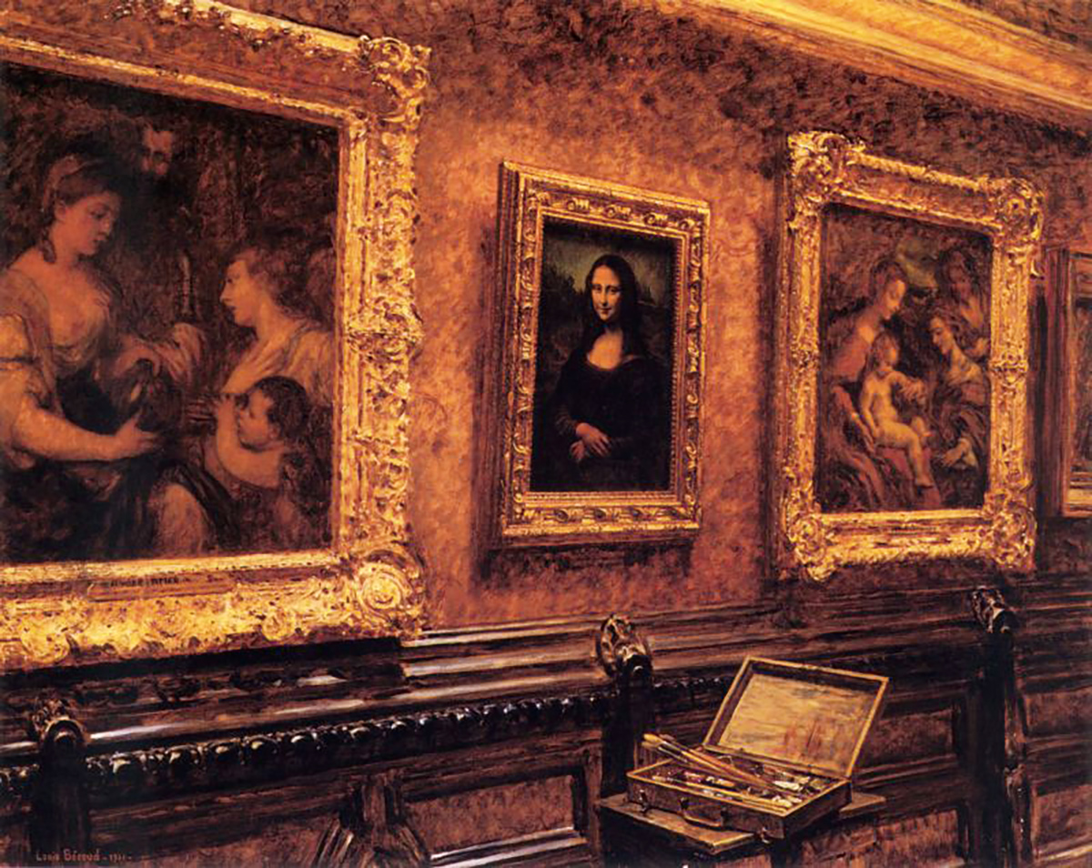 首先發現〈蒙娜麗莎〉失竊的路易・貝魯。這是由他所描繪的方廳情景，〈蒙娜麗莎〉陳列於堤香與柯勒喬的畫作之間。這幅當時以羅浮宮展間為背景的華麗情景圖，廣受好評。（圖片來源：創意市集）
