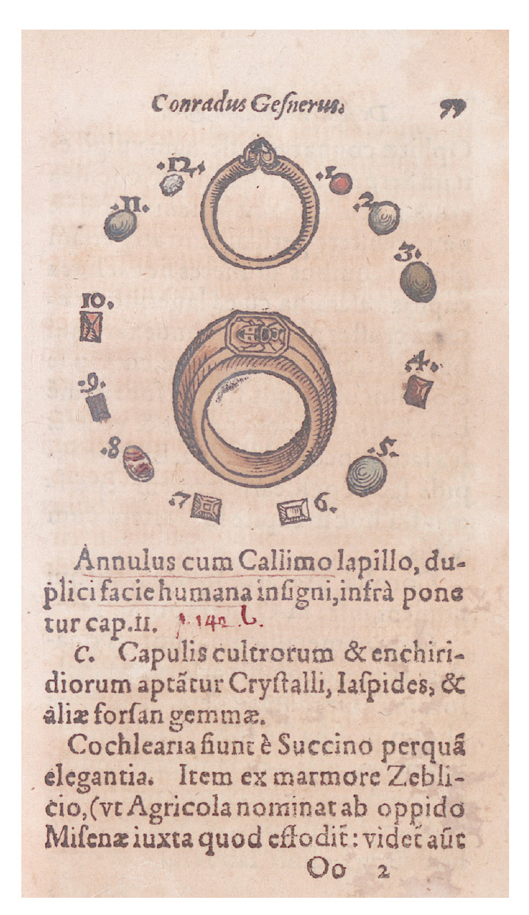 手工彩繪木刻畫，展示寶石與鑲嵌寶石的戒指（大戒指上鑲有帶內含物的琥珀），出自康拉德．格斯納《論化石、石材與寶石》（1565）。（圖片來源：積木文化）