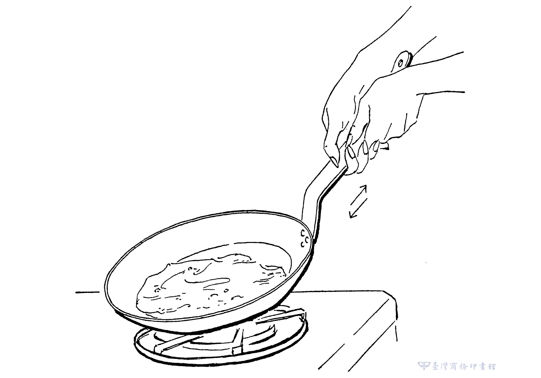 圖08：朝你自己的方向急速抽動，動作大些、用力一點，不然蛋液會無法和鍋底分開。抽拉幾次以後，蛋液會開始變稠。（圖片來源：臺灣商務提供）