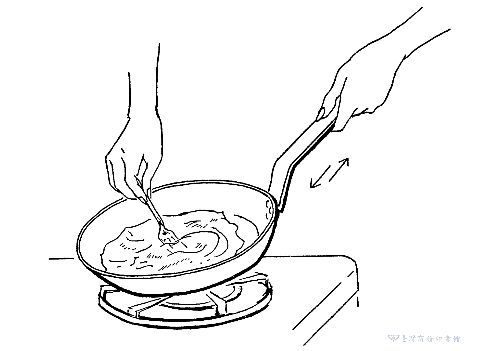 圖04：快速地在爐火上前後搖晃鍋子，同時，右手拿著叉子，叉子平側抵著鍋底，快速攪拌蛋液。（圖片來源：臺灣商務提供）