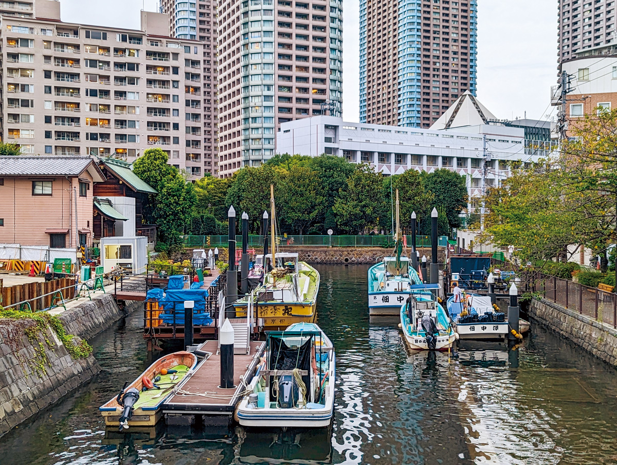 藏於高樓大廈中，佃島停泊的漁船顯得古樸。（攝影：柯曉翔）