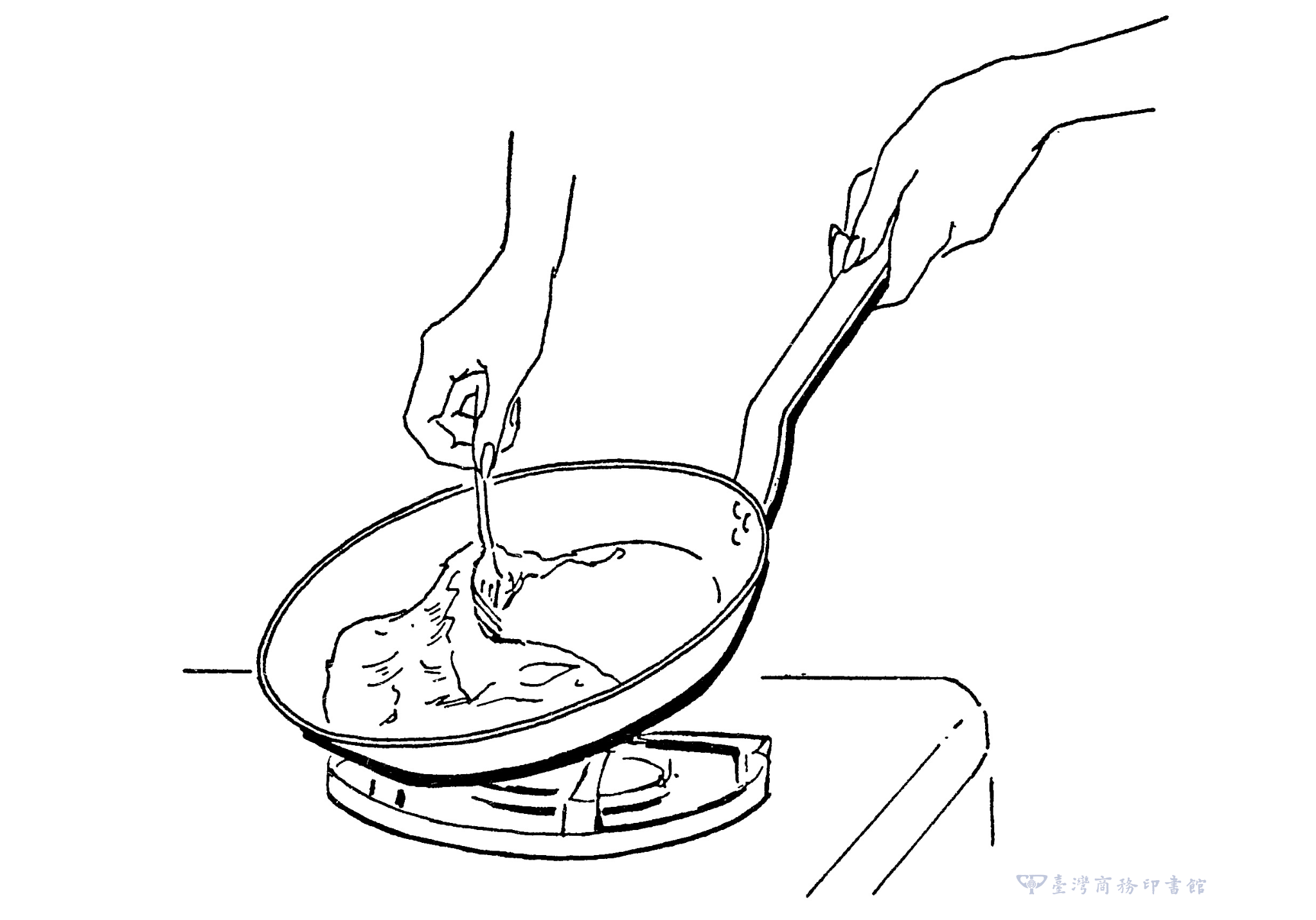 圖05：將鍋柄抬起來，讓鍋身在爐火上維持傾斜，用叉子沿著歐姆蛋下方的鍋緣輕輕刮過，確保歐姆蛋沒有沾鍋。（圖片來源：臺灣商務提供）