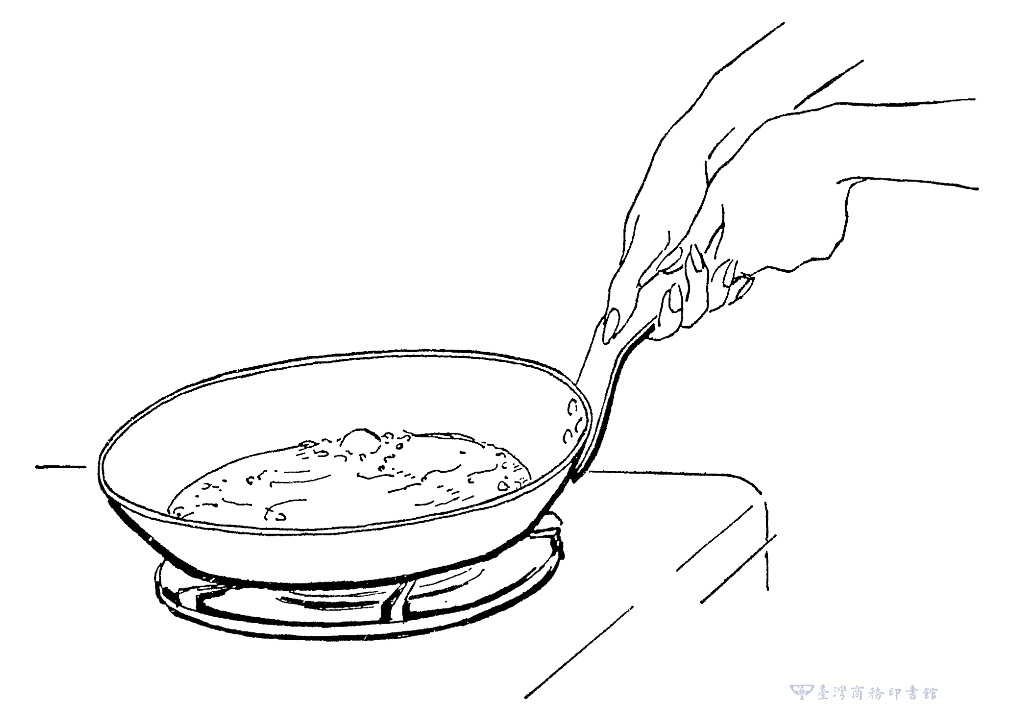 圖07：手抓著鍋柄，大拇指在上，馬上開始用力快速朝自己的方向抽拉鍋身，鍋子和爐火之間約維持20 度角，每秒抽拉一下。（圖片來源：臺灣商務提供）
