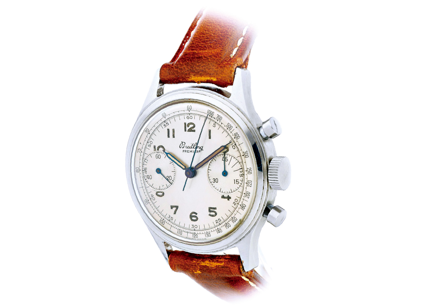 百年靈(Breitling)1940年代的Ref. 790 Premier計時碼錶,面盤3點鐘位置的計時分鐘小盤,頭9分鐘每3分鐘就有一道長刻度,一圈有45分鐘。(來源:Sotheby’s提供)