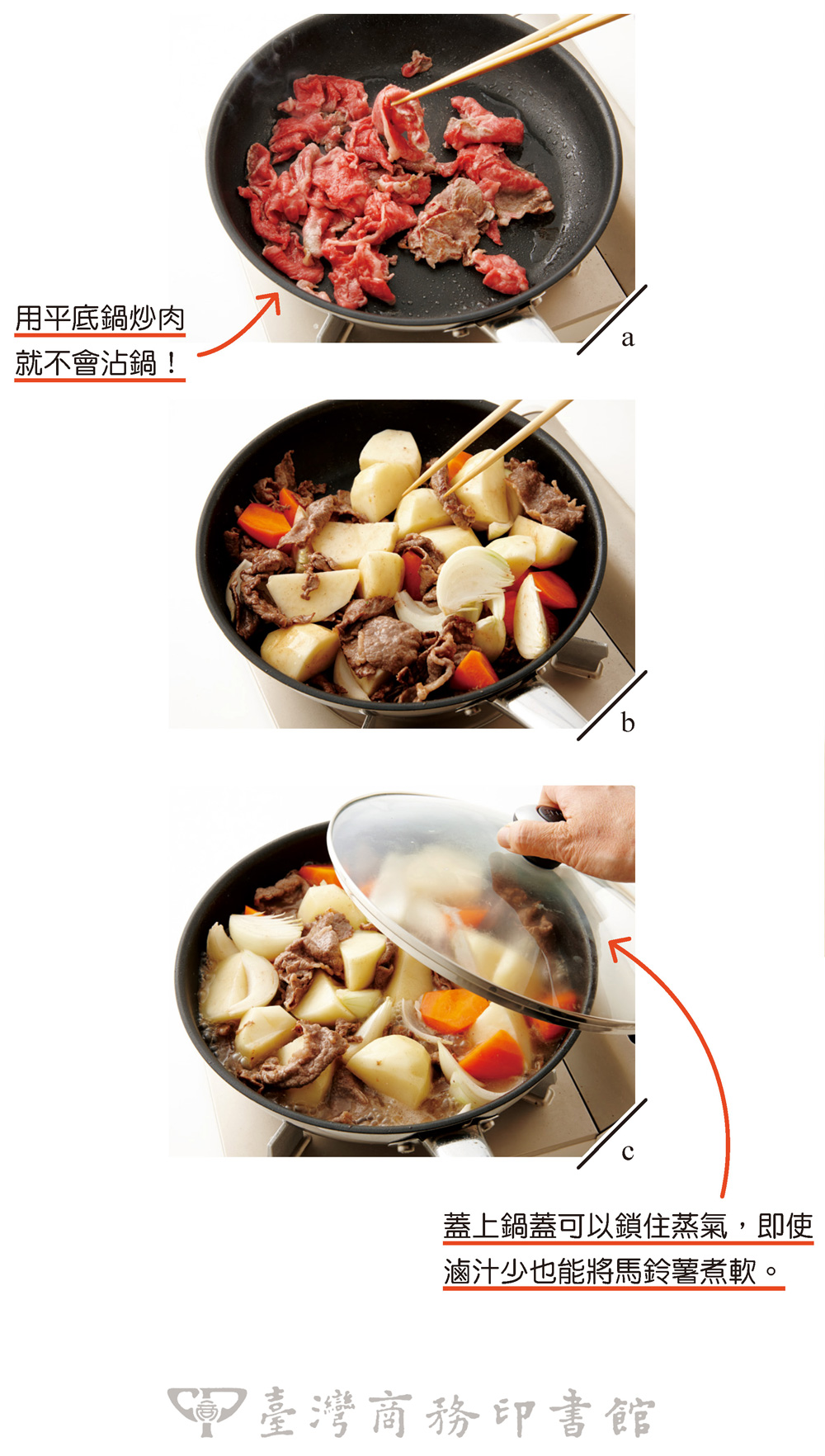 用平底鍋做馬鈴薯燉肉的好處之一，就是炒肉時不易黏鍋。（圖片來源：臺灣商務提供）