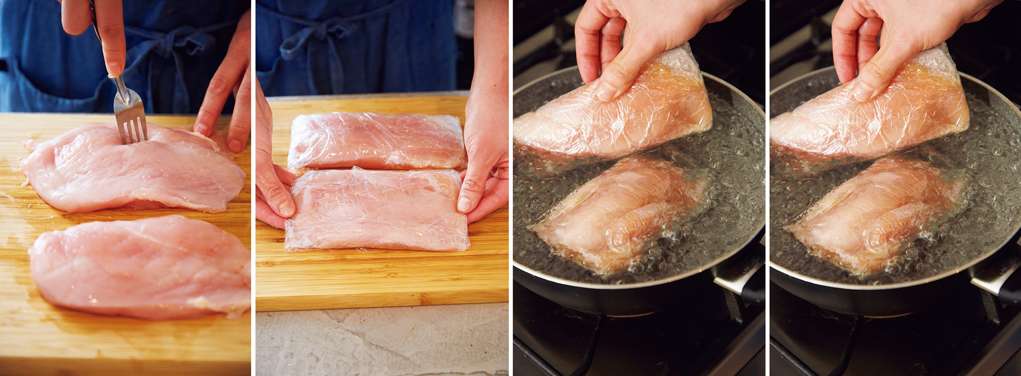 即時雞胸肉作法，步驟由左至右：戳洞後，以調味料搓揉醃漬10分鐘。每面各煮3分鐘，最後靜置至冷卻。（圖片來源：積木文化提供）