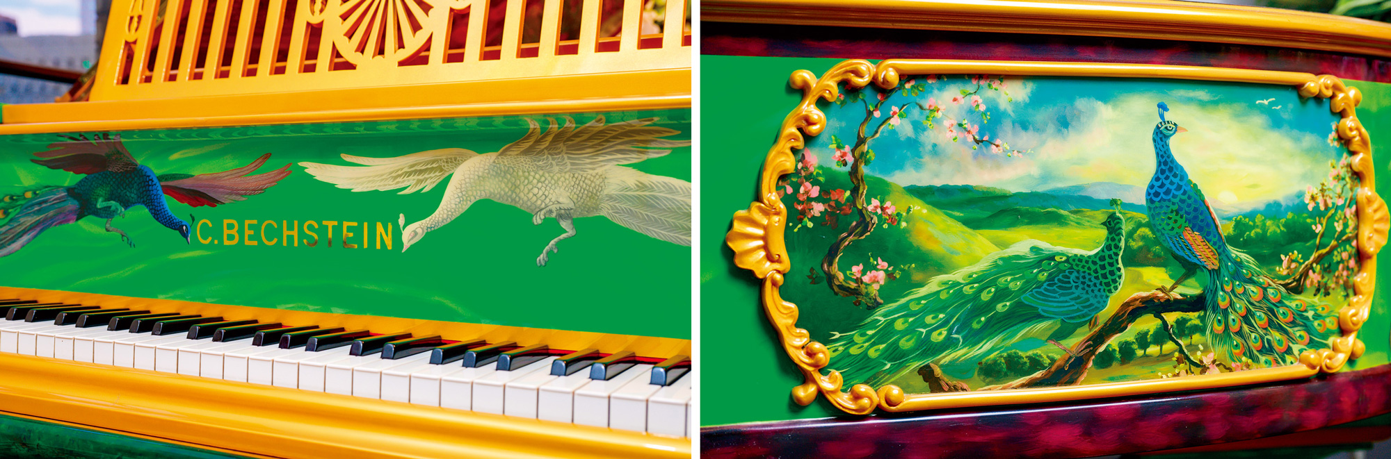 琴身漆塗成綠色如大理石質地貝希斯坦鋼琴（C. Bechstein）有百年歷史，是委託比利時供應商幫忙找到。（攝影：李明宜）