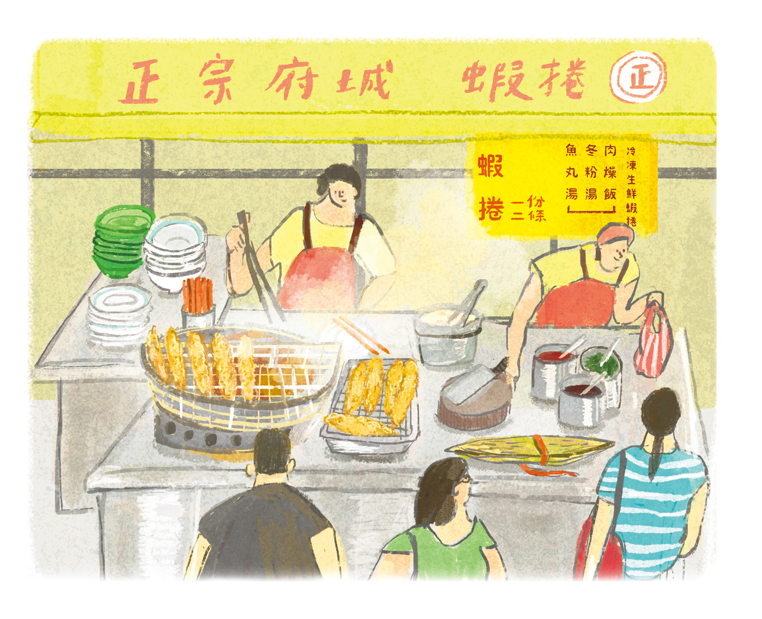 王浩一自陳因為寫作採訪了不少台南美食店家，甚至受邀作客，走入他們的廚房，掀開了湯頭的鍋蓋，像是好奇的美食過動兒。（插畫者：Lynnie Lin）