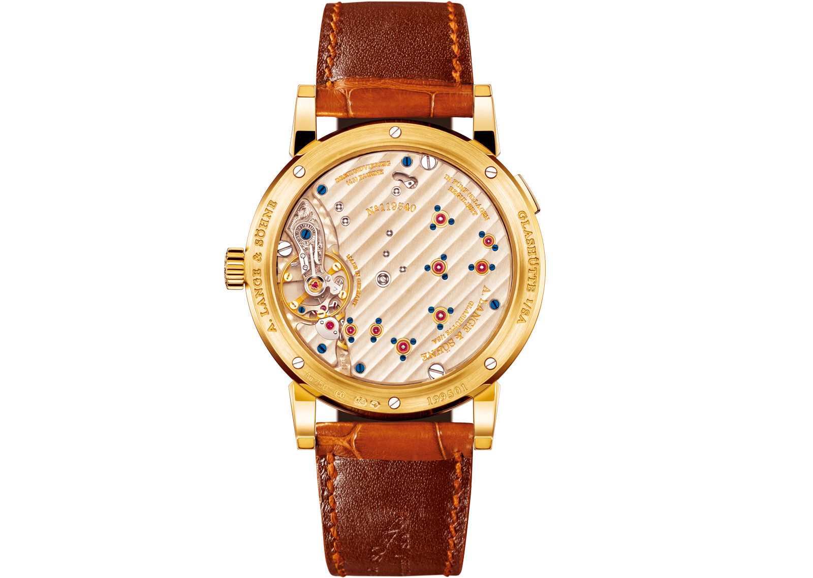 手錶機芯上的一顆顆紅寶石其實都是齒輪的軸承，作工精緻的錶廠有時還會在外圈加上金質套筒和藍鋼螺絲。（圖片來源：A. Lange & Söhne提供）