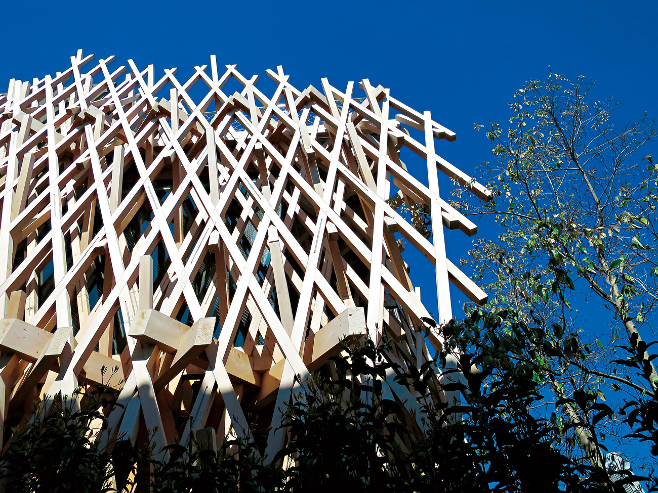 台灣鳳梨酥品牌「微熱山丘」由建築大師隈研吾操刀設計青山概念店，他便將木條鳥巢的概念運用在建築上。這些看似裝飾物的木條，其實是具有自體獨立的結構物。（圖片來源：李清志提供）