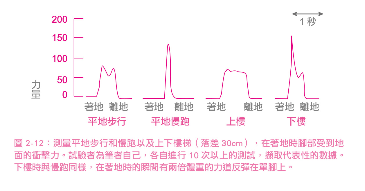 測量平地步行和慢跑以及上下樓梯（落差30cm），在著地時腳部受到地面的衝擊力。（圖片來源：木馬文化提供）