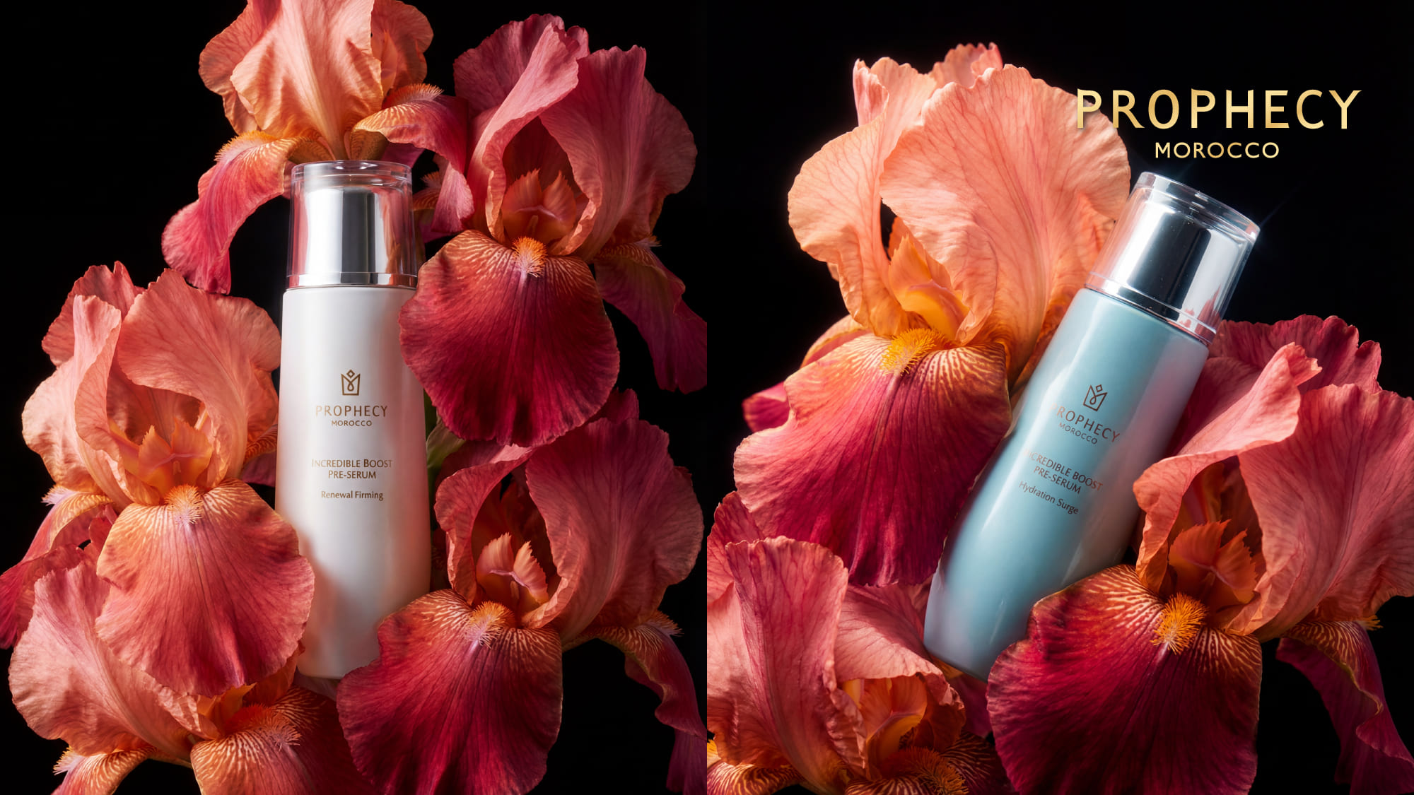 超能前導精華露 金燦緊實120ml（左）：抗老前導之首！專利黃金胜肽－Ｘ，抹去疲憊與細紋。 超能前導精華露 鎖水亮澤120ml（右）：純淨補水第一步，讓乾涸膚況重拾飽滿、透亮的生命力。