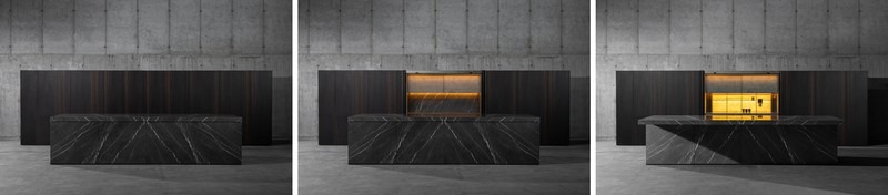 NERO CUCINE 隱藏廚房設計：檯面全閉合（monolith狀態）→半開啟→完全打開露出置物層板與燈光